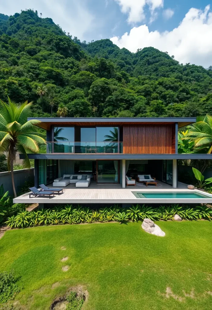 Modern tropical villa with dual-level design, glass walls, spacious terrace, balcony, private pool, and lush green mountain backdrop.