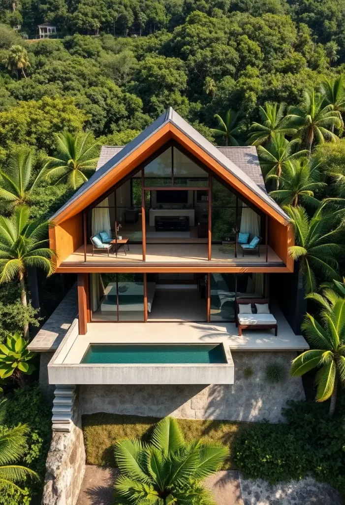 A-frame modern house with floor-to-ceiling windows, open balconies, private pool, and tropical green surroundings.