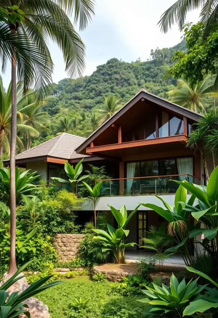 Modern tropical house surrounded by lush greenery, featuring glass windows, a balcony, and earthy architectural tones.