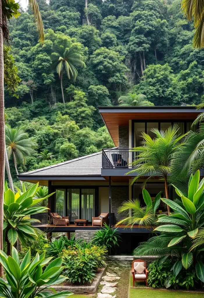 Two-story modern tropical house with a balcony, stone accents, and lush greenery, seamlessly blending luxury and nature.