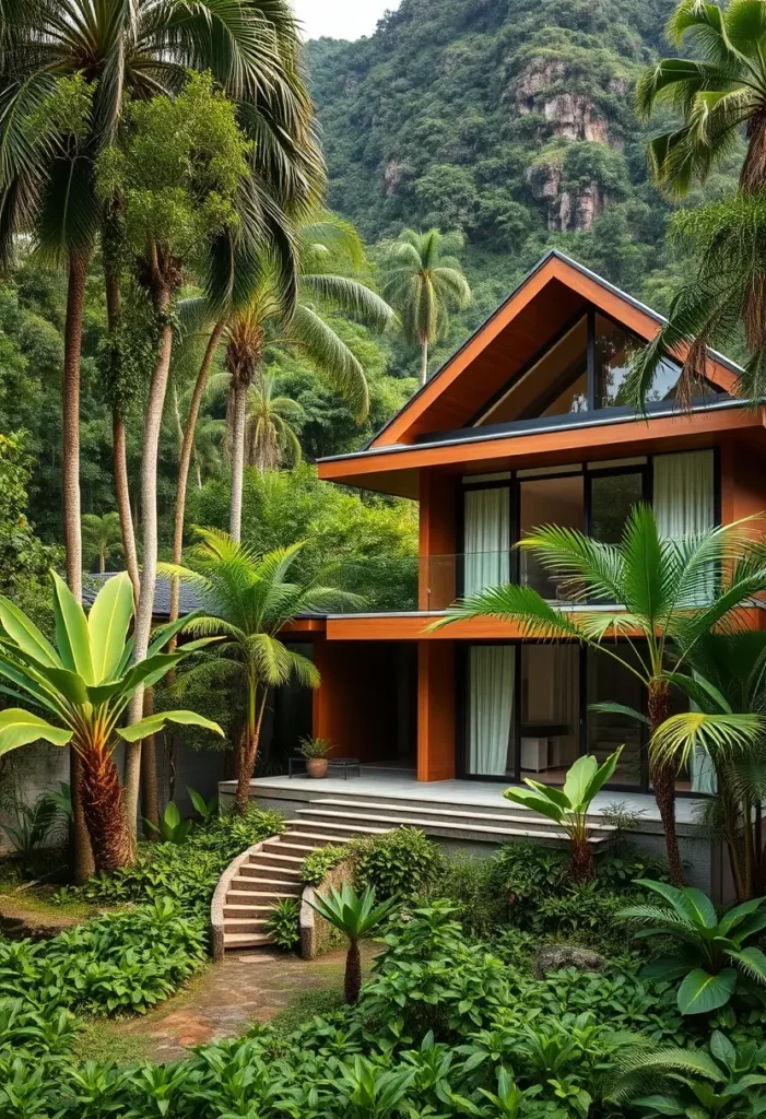 A serene modern tropical house with an A-frame roof, floor-to-ceiling windows, and a curved stone staircase surrounded by vibrant greenery.