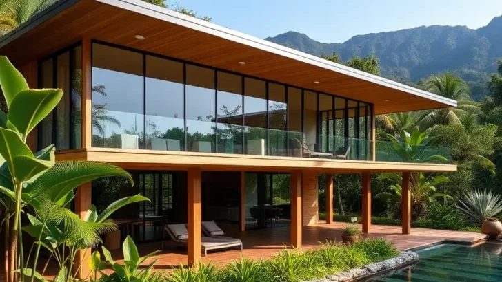 Modern two-story tropical house with a glass facade, wooden accents, a spacious balcony, and a pool surrounded by lush tropical landscaping.