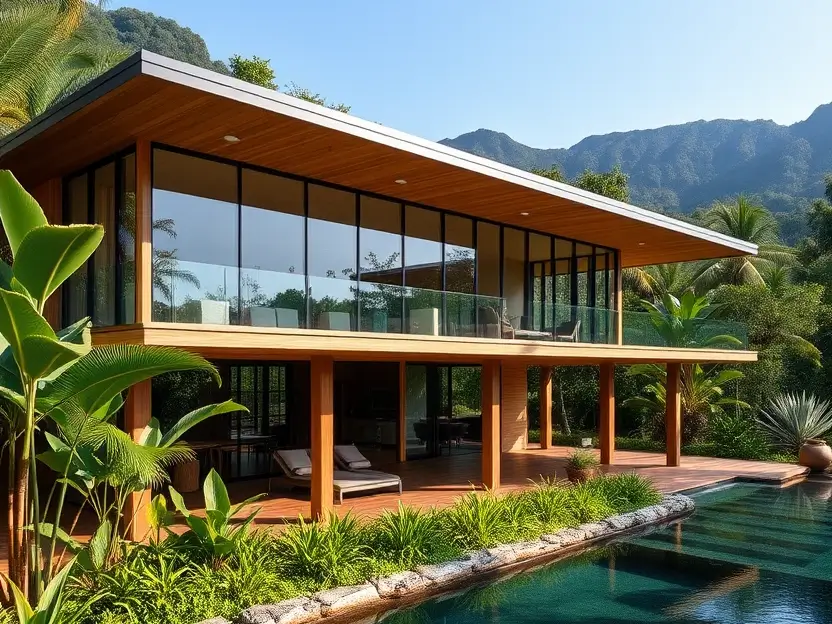 Modern two-story tropical house with a glass facade, wooden accents, a spacious balcony, and a pool surrounded by lush tropical landscaping.