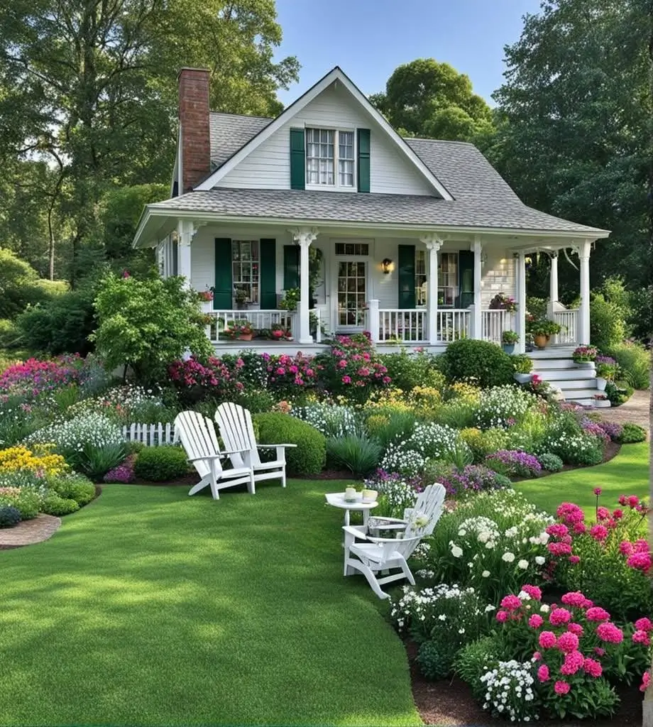 Charming white cottage with green shutters surrounded by lush flower gardens and a cozy seating area.