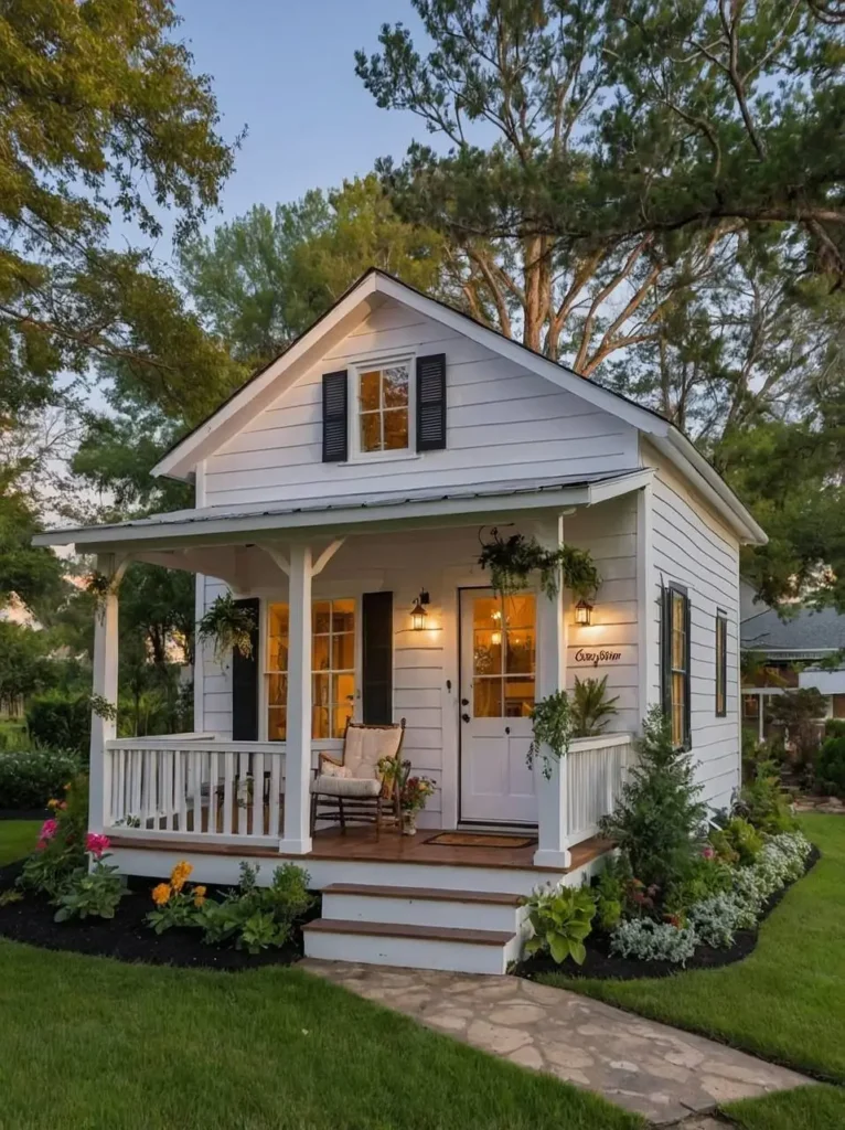 Small white cottage with a cozy front porch, dark shutters, and hanging greenery, surrounded by a manicured lawn and garden.