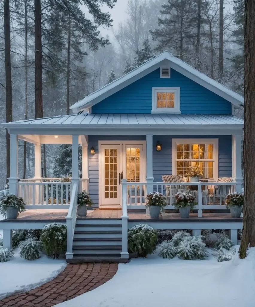 Blue tiny house with a covered porch, warm lighting, and frosted plants, set in a snowy forest landscape.