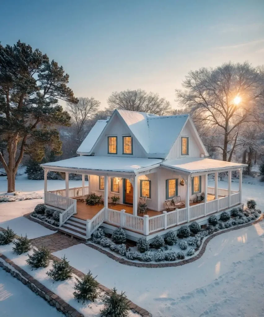 White cottage with a wraparound porch, glowing windows, and snowy landscaping at sunrise.