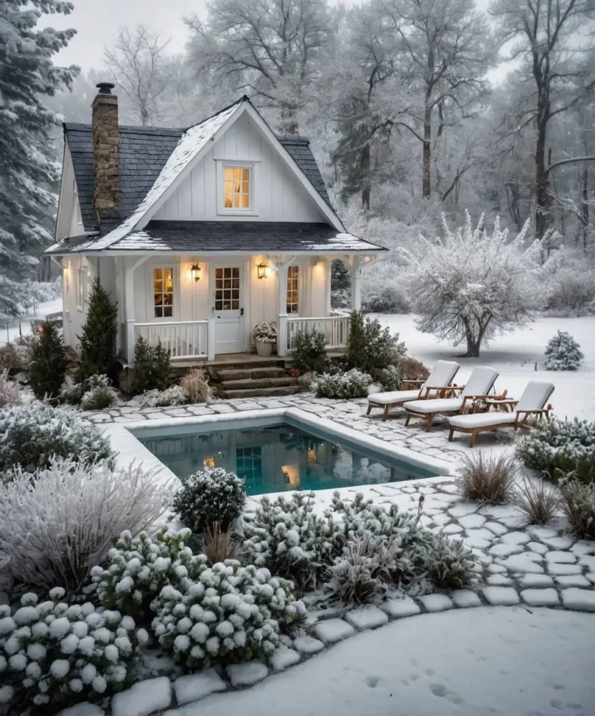 White cottage with a stone chimney, snowy surroundings, and a poolside area with frosted landscaping.