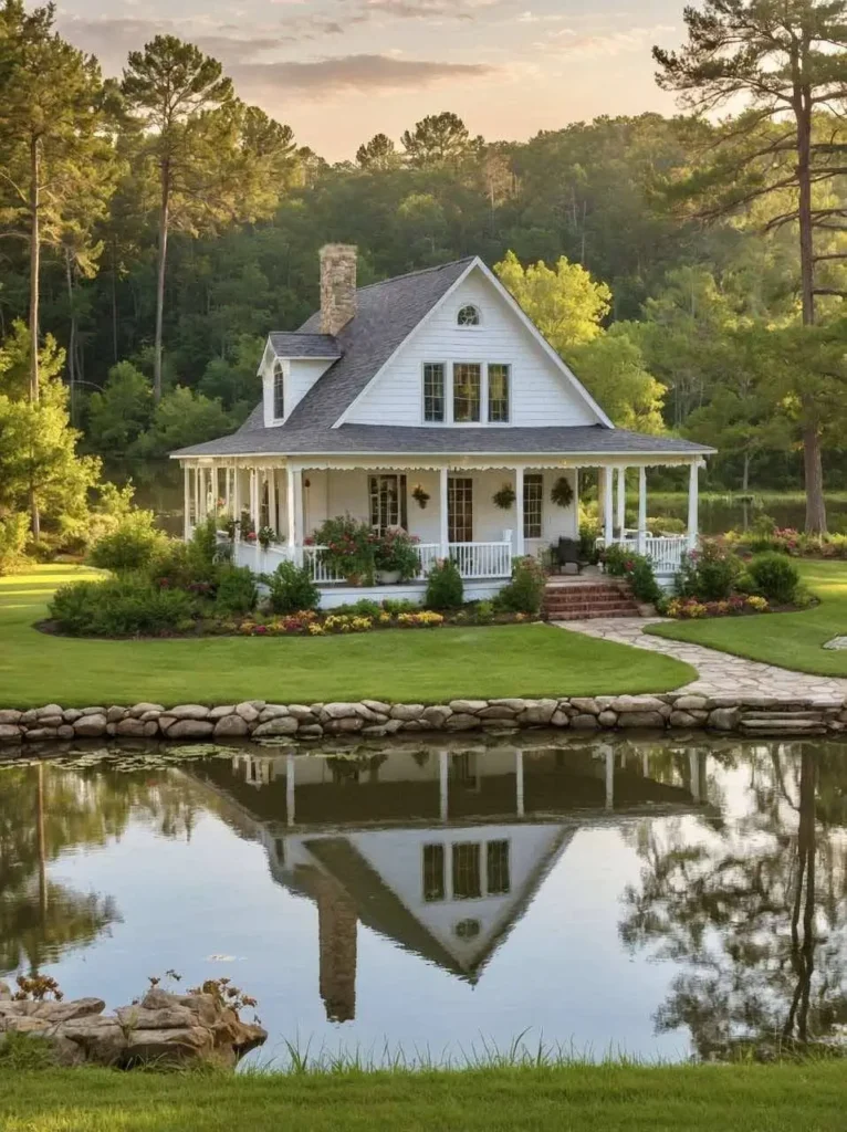 White cottage with a wraparound porch, stone chimney, and lakeside setting surrounded by greenery.