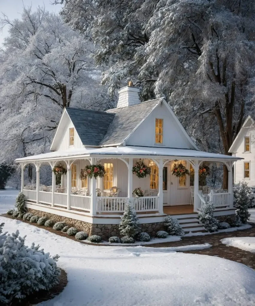 White cottage with a wraparound porch, festive wreaths, and a snowy landscape surrounded by frosted trees.