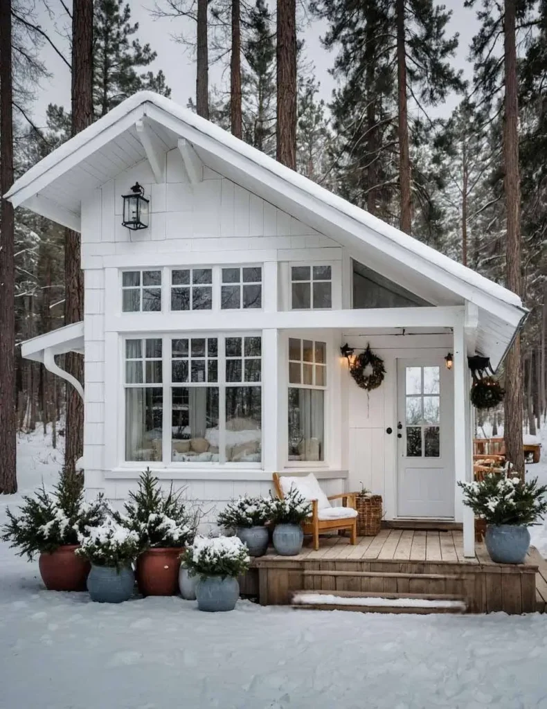 White tiny cabin with large windows, a wooden deck, and potted evergreens, set in a snowy forest.