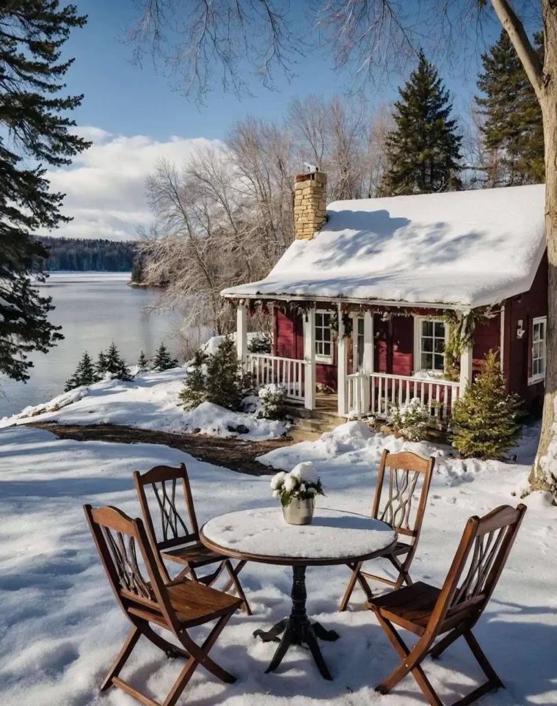 Red lakeside tiny house with a stone chimney, snowy surroundings, and an outdoor seating area overlooking the lake.