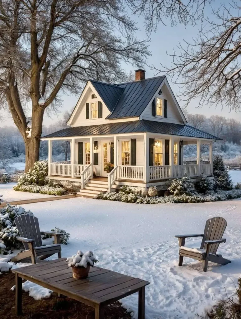 Classic white farmhouse cottage with a black metal roof, glowing windows, and snowy Adirondack seating in a winter landscape.