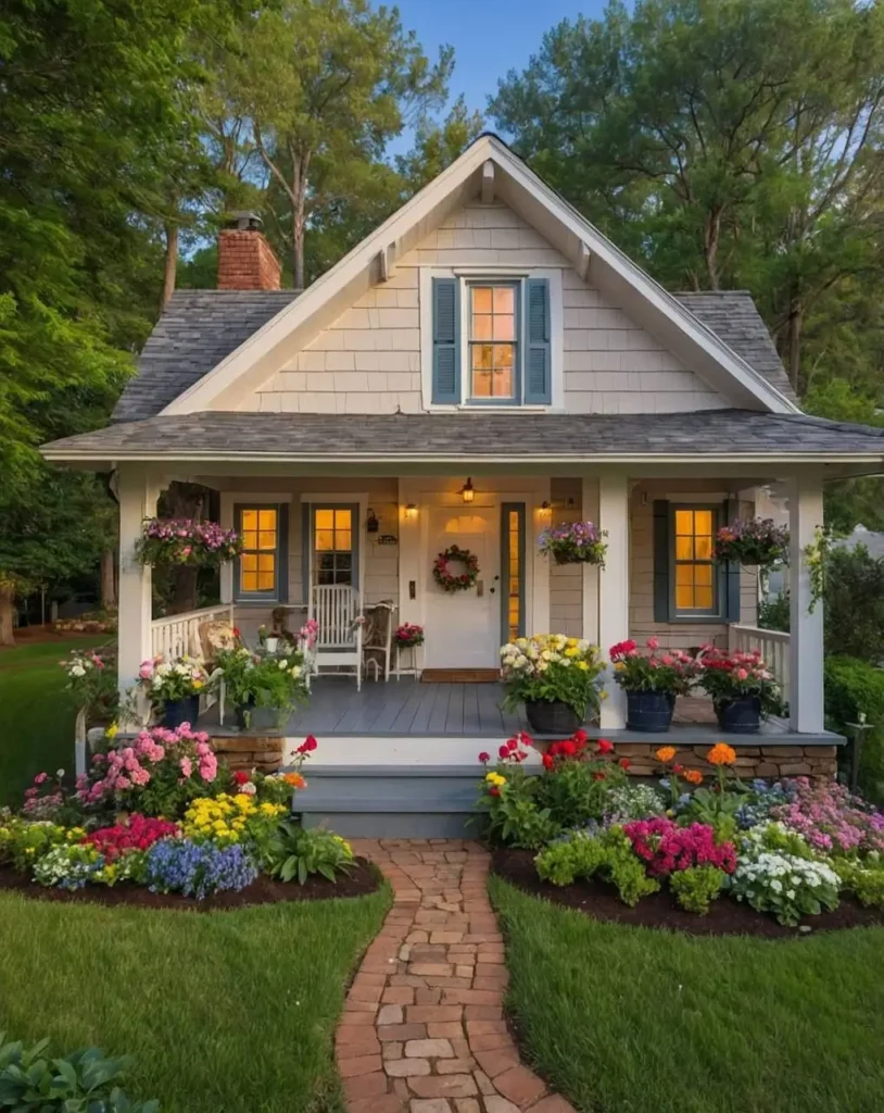 Cottage with blue shutters, a flower-filled garden, hanging baskets, and a cozy porch with rocking chairs.