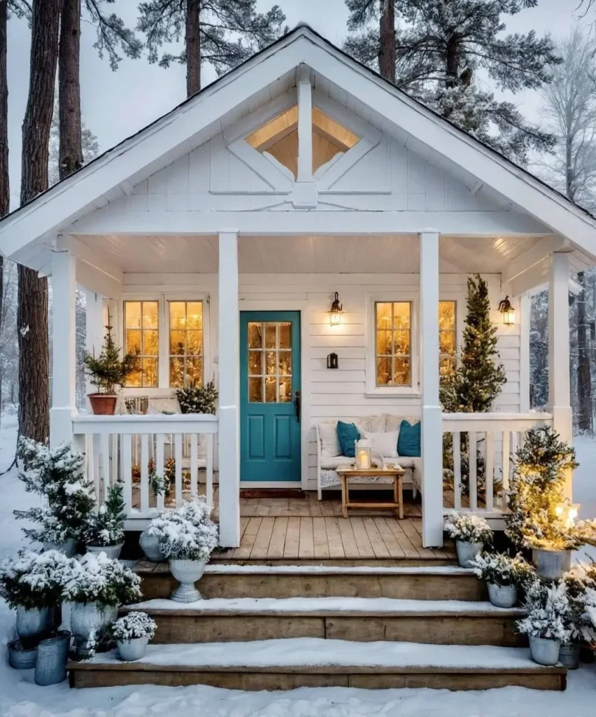 Tiny white cottage with a turquoise door, frosted potted plants, and cozy porch seating in a snowy forest setting.