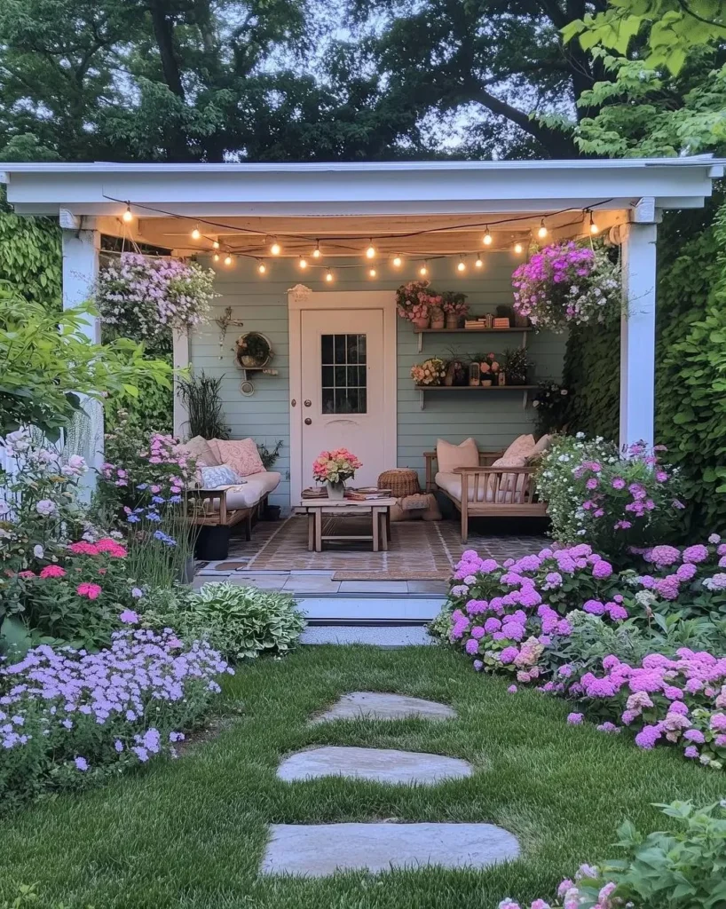 Garden retreat with string lights, pastel siding, cozy seating, and vibrant flower beds in a lush setting.