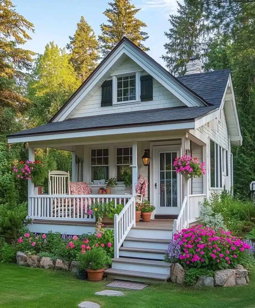 Tiny white cottage with a cozy porch, vibrant flowers, and a rocking chair surrounded by lush greenery.