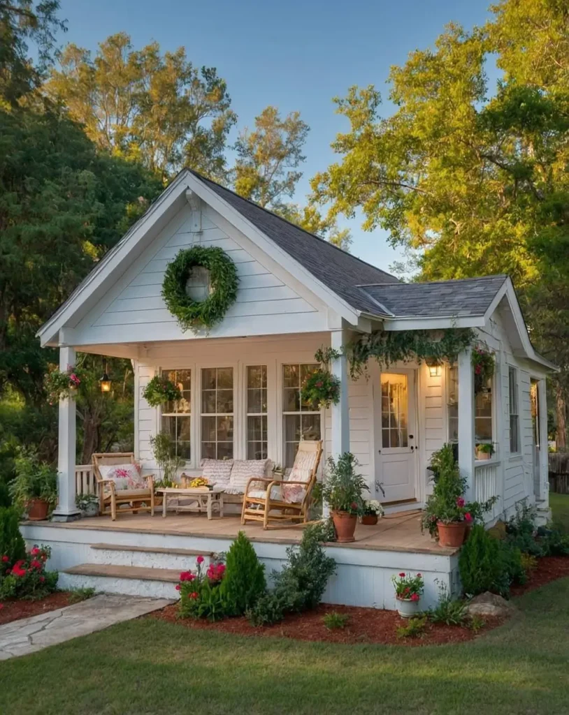 Tiny white cottage with rocking chairs, a wreath on the gable, and lush landscaping under a sunny sky.