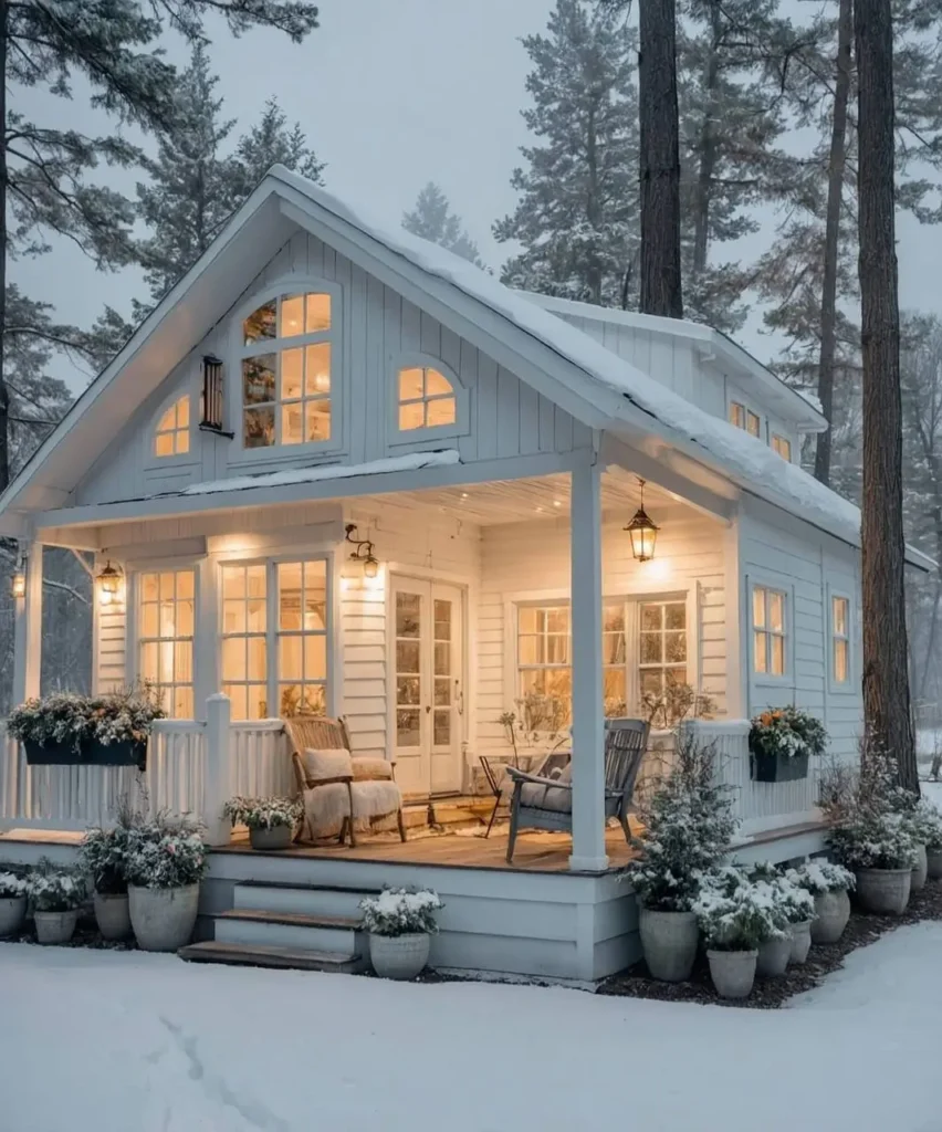 White winter cottage with glowing windows, French doors, and a cozy porch surrounded by snow and trees.