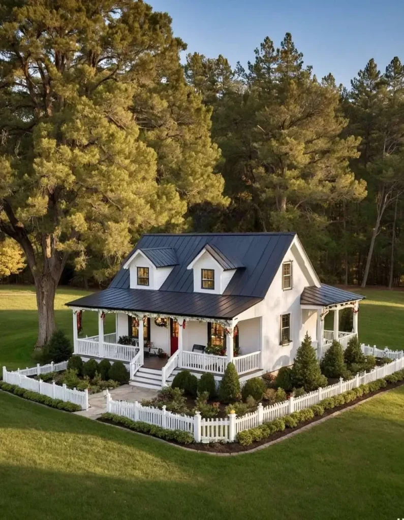 Farmhouse-style cottage with a black metal roof, white picket fence, wraparound porch, and green lawn.