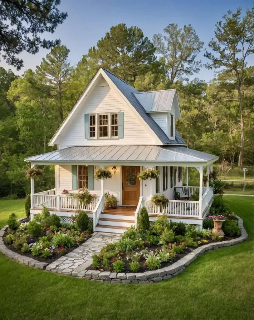 White tiny home with blue shutters, wraparound porch, lush garden landscaping, and a stone pathway.