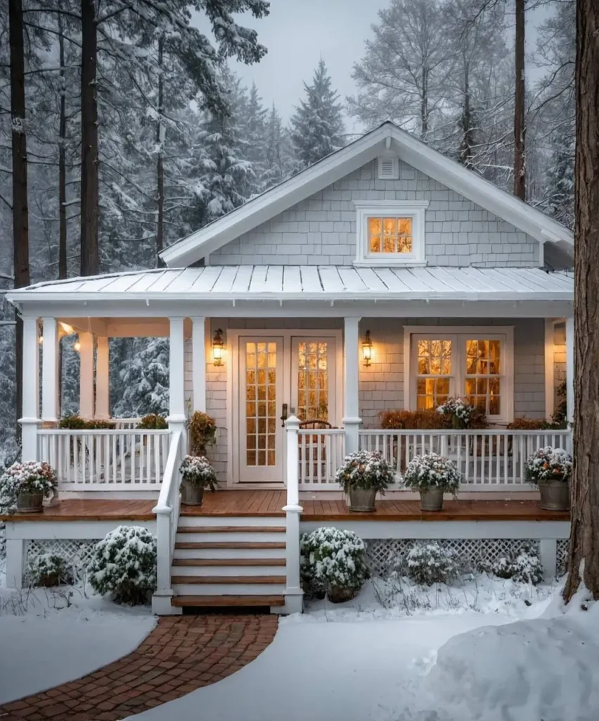 Snow-covered tiny cottage with French doors, glowing windows, and a cozy porch surrounded by a forest.