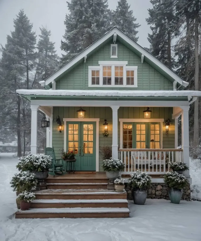 Green winter cottage with French doors, glowing windows, and a cozy porch surrounded by snowy trees.