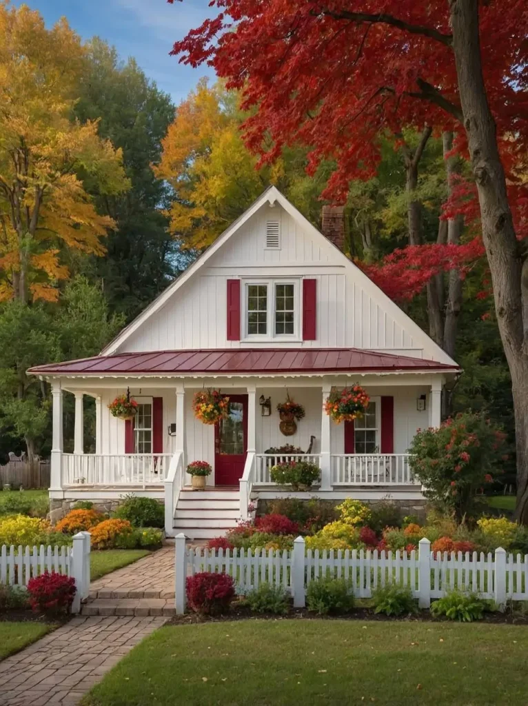 White cottage with red shutters, a red roof, white picket fence, and fall landscaping surrounded by autumn trees. 