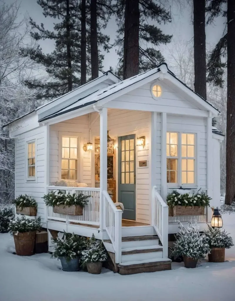 Snow-covered white cottage with a blue door, glowing windows, and frosted greenery in planters and window boxes.