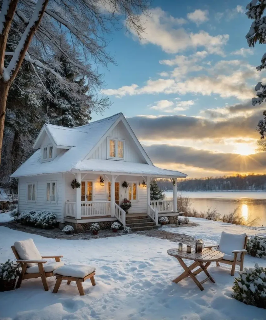 Snow-covered white cottage by a lake with warm glowing windows, outdoor seating, and a sunset sky.