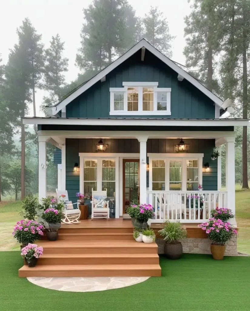 Green cottage with a welcoming porch, vibrant flowers, wooden steps, and a forest backdrop.