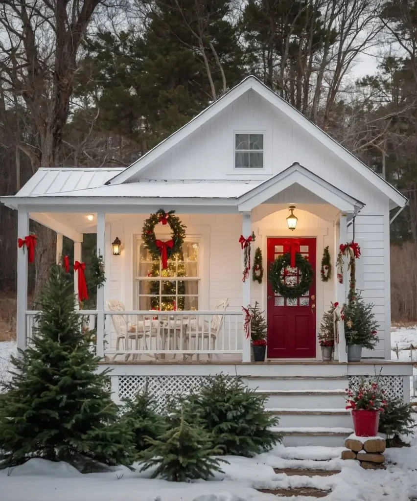 Festive white tiny house with a red door, Christmas wreaths, ribbons, and a snow-covered yard.