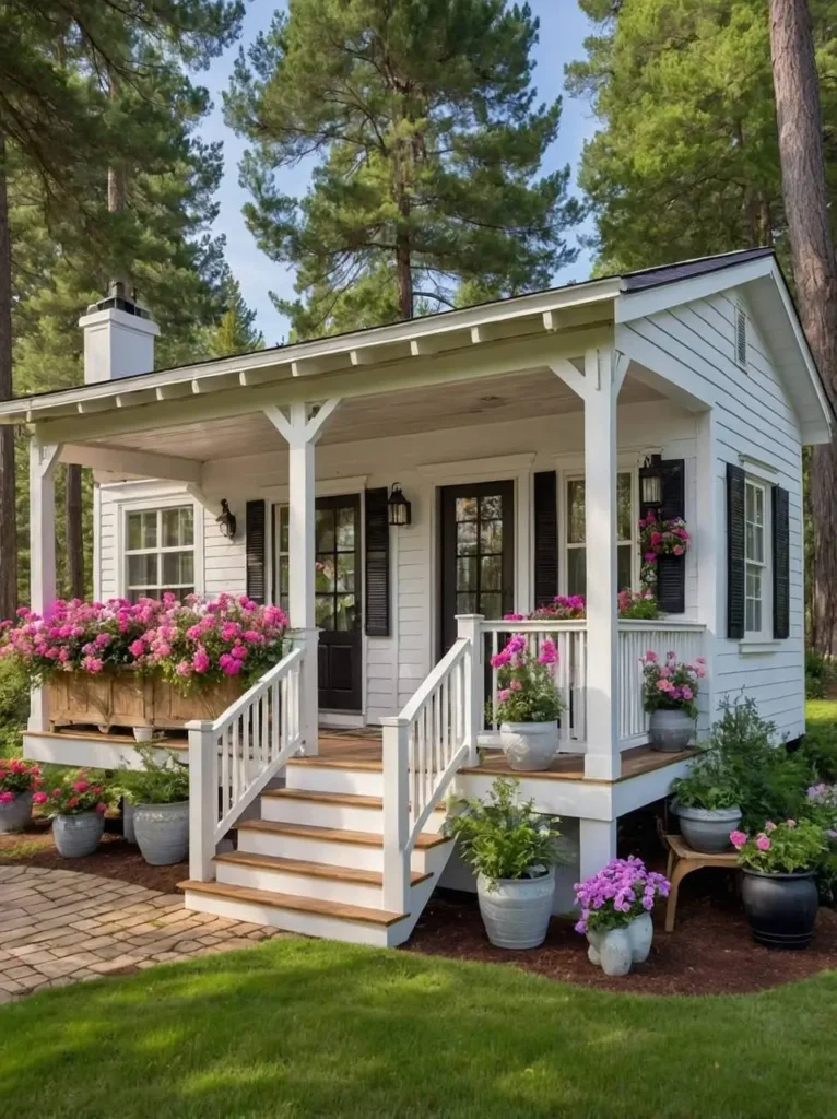 White tiny house with black shutters, pink flowers, and a charming porch surrounded by greenery.