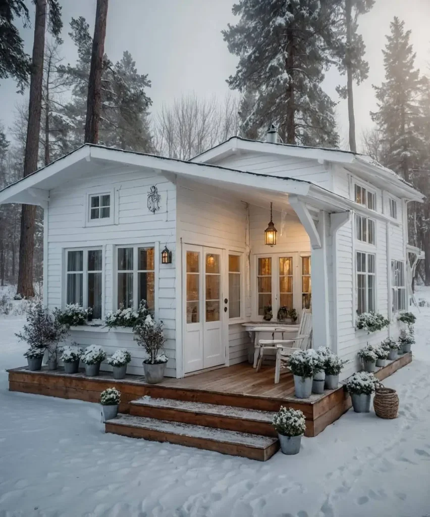 White tiny house with wooden steps, patio seating, and potted plants in a snowy forest setting.