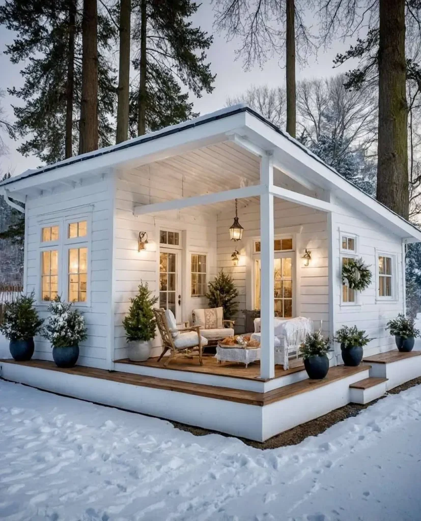 White modern tiny house with a covered porch, wreaths, potted evergreens, and cozy furniture in a snowy setting. Remarkable Tiny Houses with Simple Yet Unique Designs