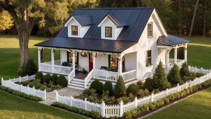 Farmhouse-style tiny house with a black metal roof, white picket fence, wraparound porch, and green lawn.