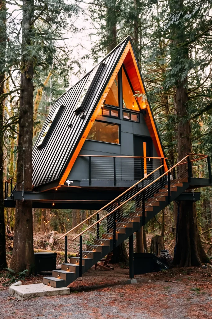 Modern A-frame house elevated in a forest, featuring a black metal roof, wooden accents, expansive windows, and an illuminated staircase.