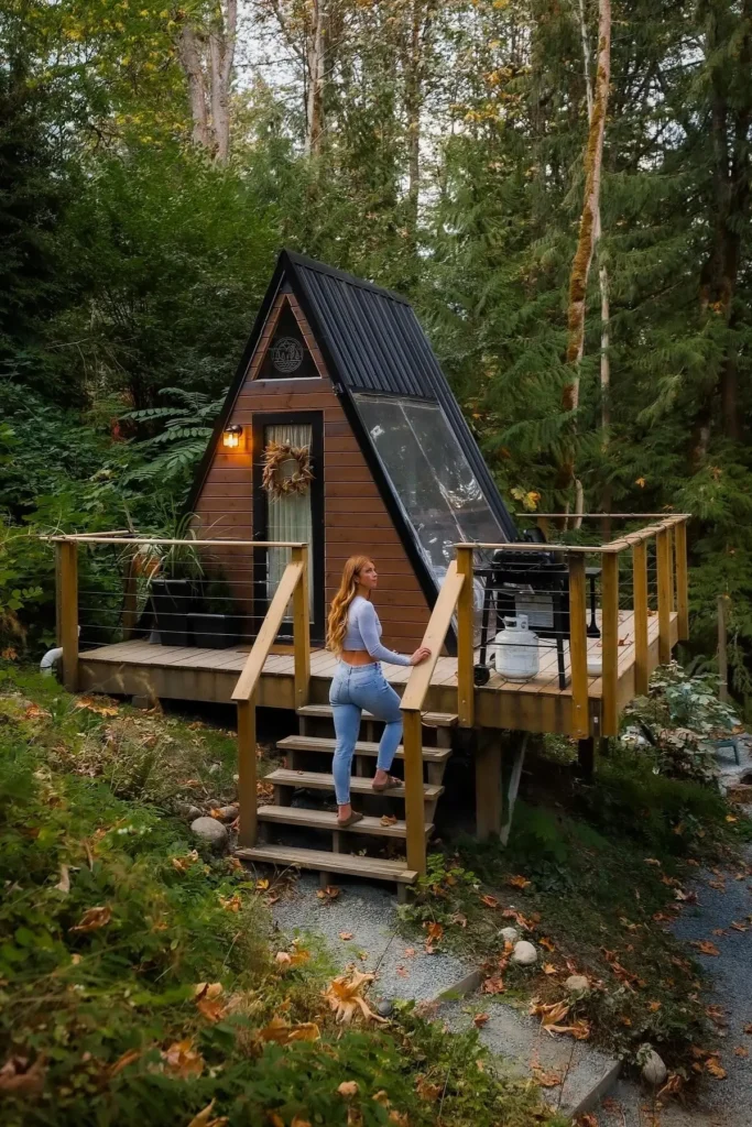 Small A-frame cabin with wood siding, a black roof, glass paneling, and a cozy deck surrounded by a lush forest.