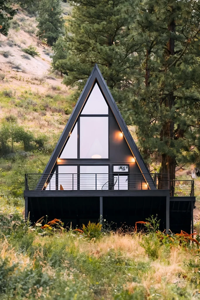 Modern A-frame cabin with black exterior, large glass panels, and a front deck surrounded by greenery and trees.