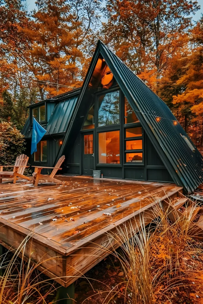 Modern black A-frame cabin with large windows, a wooden deck, and autumn foliage in a forest setting.