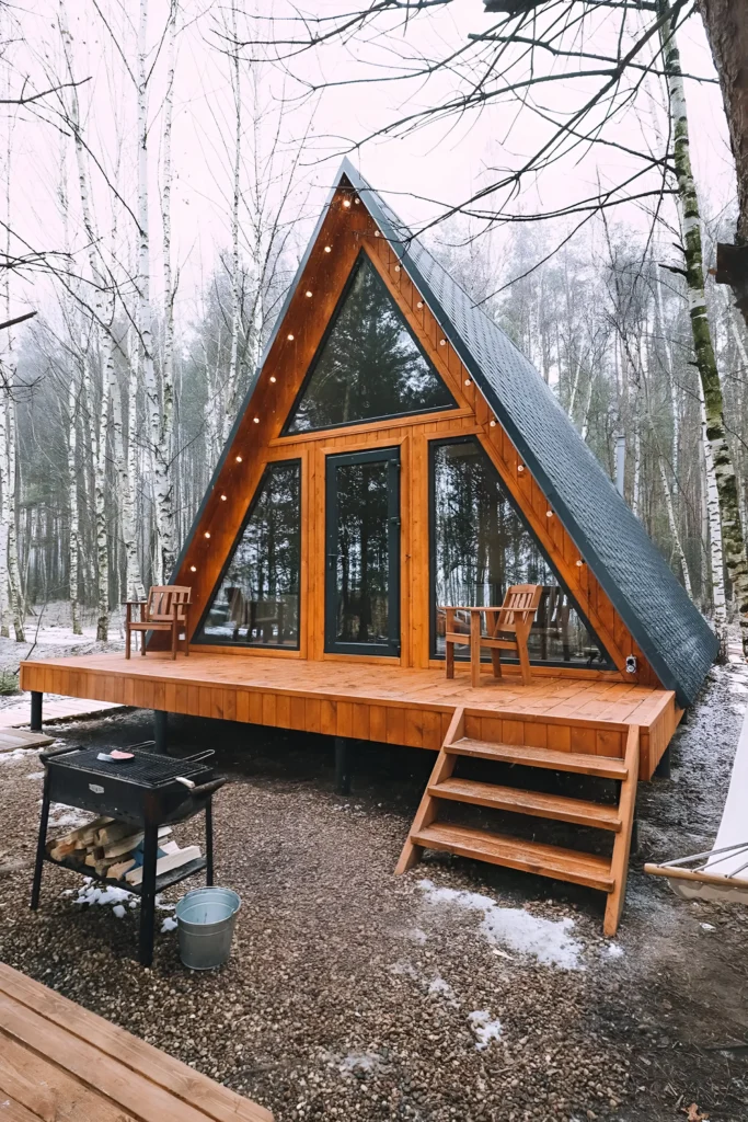 Rustic A-frame cabin with a wooden exterior, large glass panels, string lights, and a deck, surrounded by birch trees in a snowy setting.