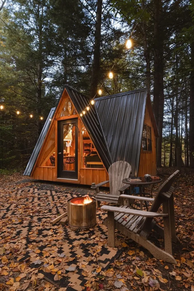 Small A-frame cabin with wooden siding, black metal roof, string lights, a fire pit, and Adirondack chairs in a wooded setting.