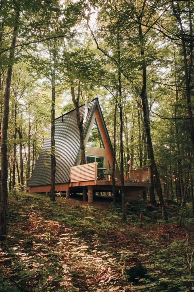 A-frame cabin with a metal roof, wood siding, raised deck, and large windows, nestled in a lush forest.