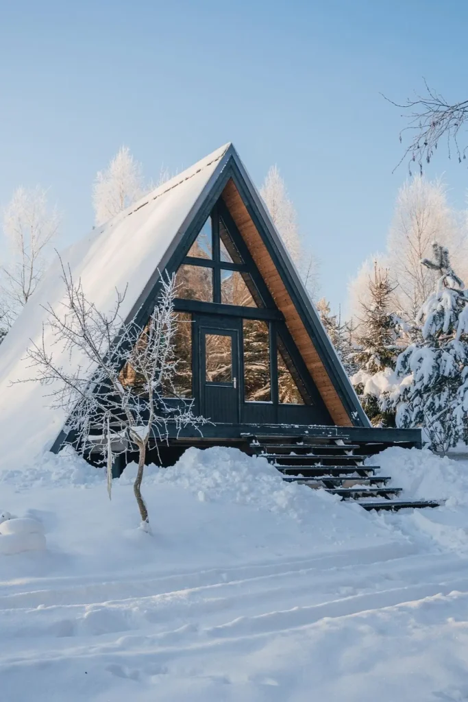 A-frame cabin with dark wood siding, large triangular windows, and snowy surroundings in a frosted winter landscape.