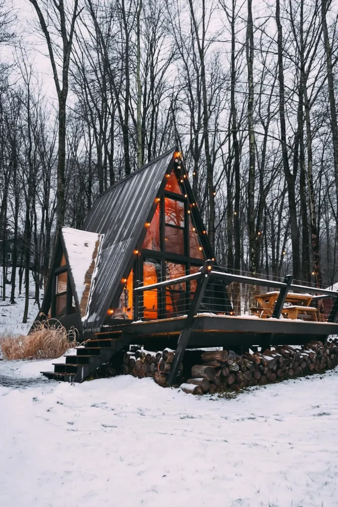 A-frame cabin with a dark exterior, string lights, wraparound deck, and stacked firewood, surrounded by a snowy forest.