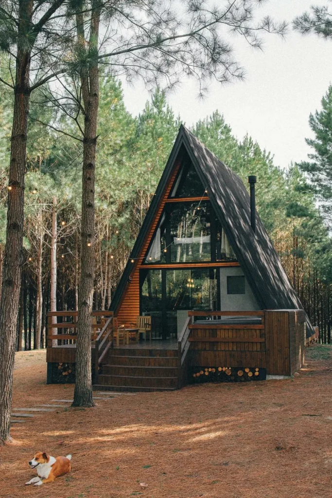 A-frame cabin with wood siding, black roof, glass panels, and a front deck, surrounded by pine trees and a dog lounging in the yard.