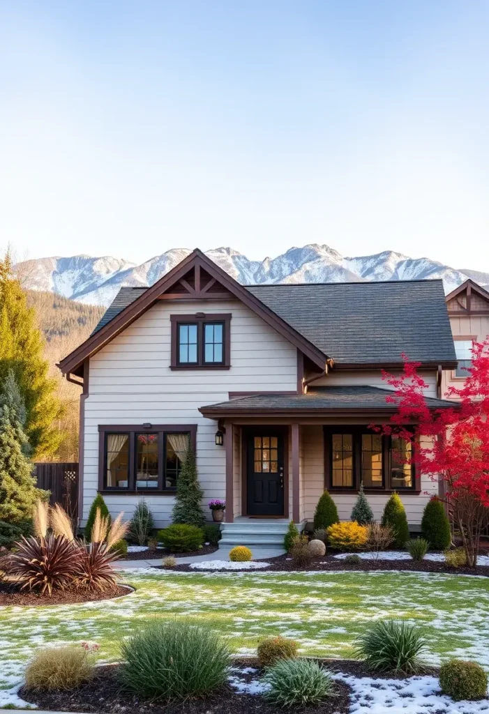 Small mountain cottage with vibrant landscaping and a snowy mountain backdrop.