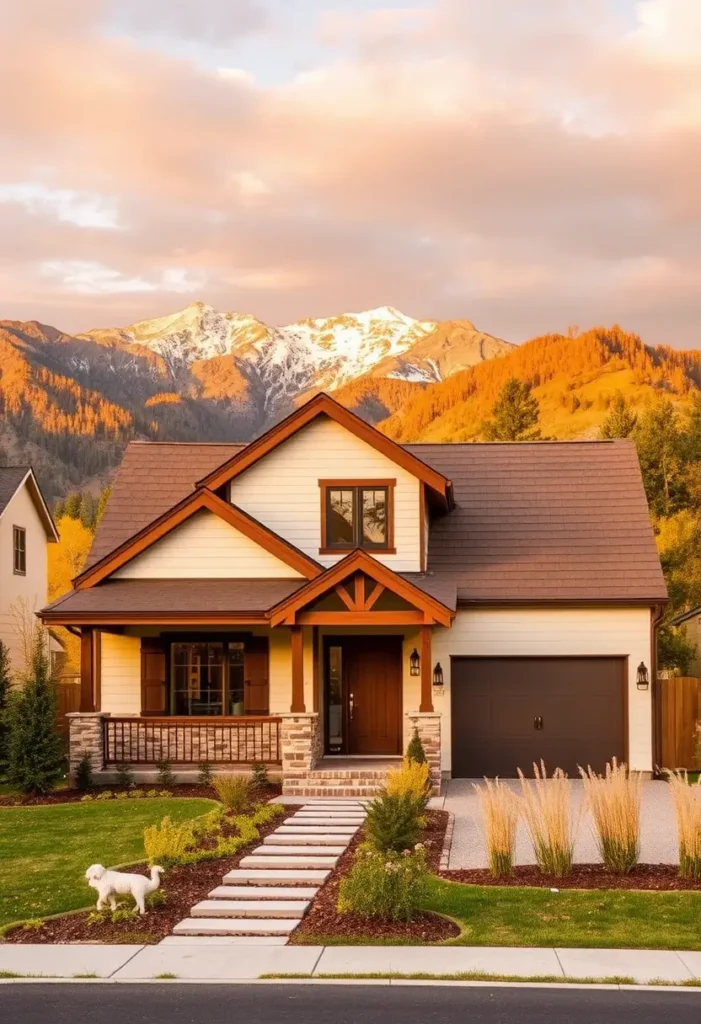 Charming small cottage with a sunset glow, mountain backdrop, and inviting landscaping.