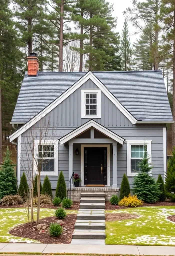 Small gray cottage surrounded by evergreen trees with a welcoming front porch.