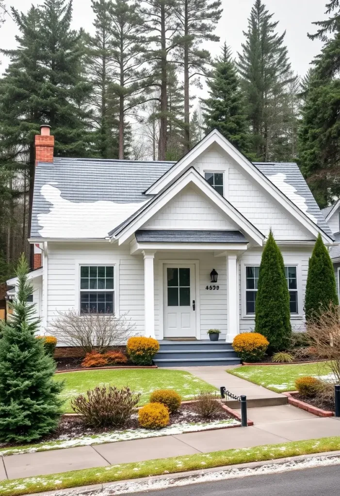 White cottage with a forest backdrop, colorful landscaping, and a cozy front porch.